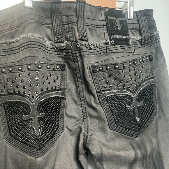 Rock Revival Armory Biker Faded Gray Distressed Embellished Jeans - Picture 7 of 17